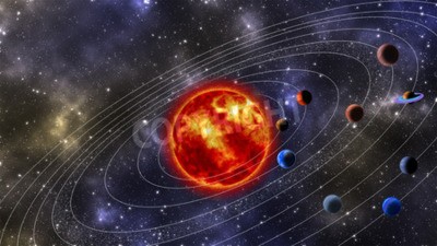 Fototapete Orange Sonne Planeten und Bahnen