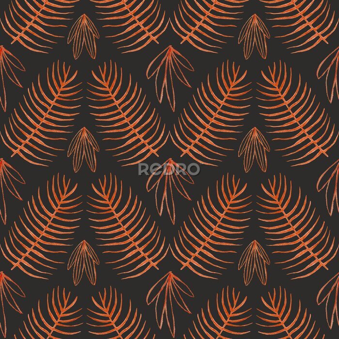 Fototapete Orangefarbene Boho-Textur mit tropischen Blättern