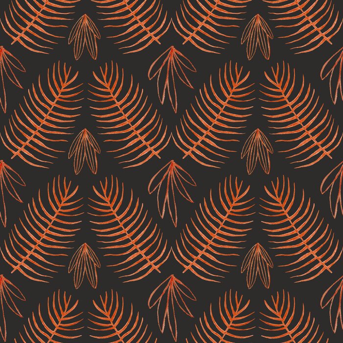 Fototapete Orangefarbene Boho-Textur mit tropischen Blättern