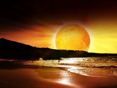 Fototapete Orangefarbener Planet am Meeresufer