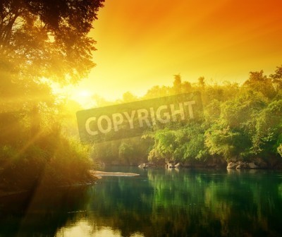 Fototapete Orangefarbener Sonnenuntergang im Dschungel