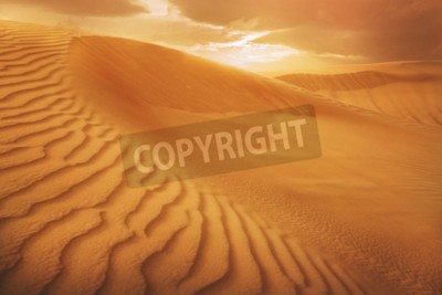 Fototapete Orangefarbener Sonnenuntergang über Wüste