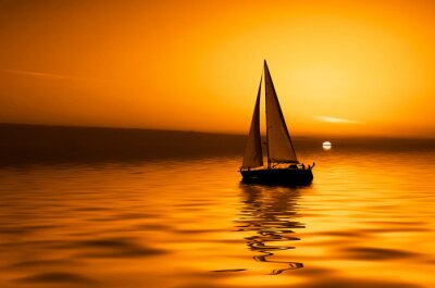 Fototapete Orangefarbener Sonnenuntergang und Boot