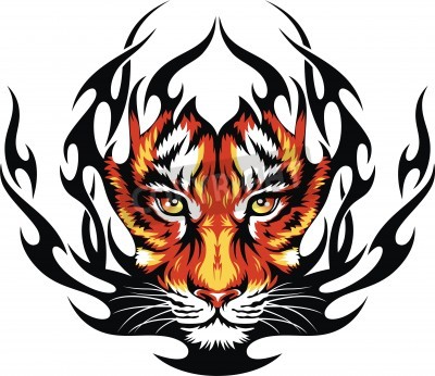 Fototapete Orangefarbener tiger in schwarzen flammen