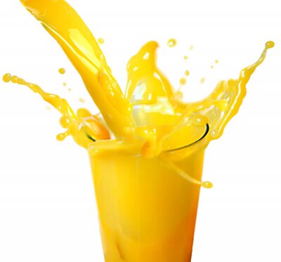Orangensaftspritzen in weißem Hintergrund
