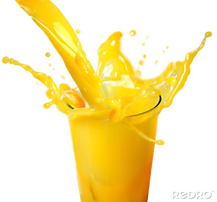 Fototapete Orangensaftspritzen in weißem Hintergrund