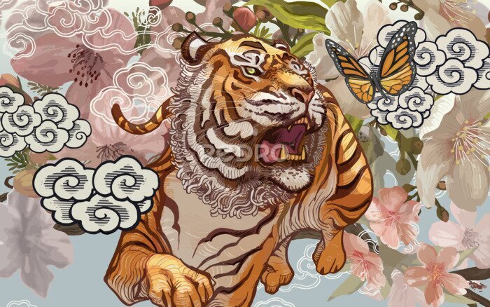 Fototapete Orientalische Komposition von Tiger und Schmetterling