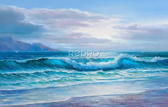 Fototapete Original oil painting of sea and beach on canvas.Rich  Sunset over sea.