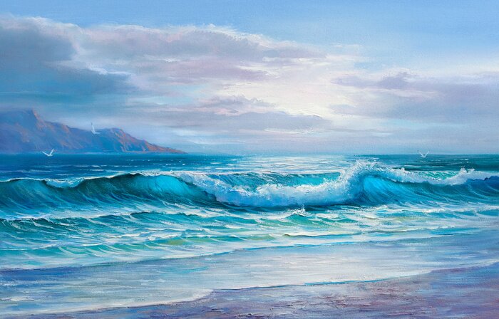Fototapete Original oil painting of sea and beach on canvas.Rich  Sunset over sea.
