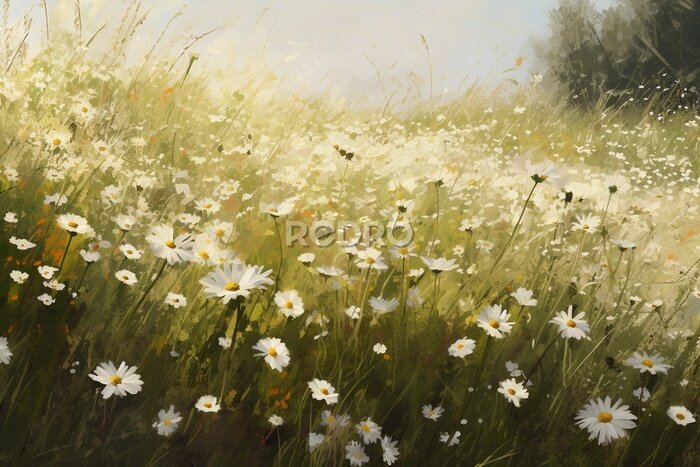 Fototapete painted flower meadow with daisies