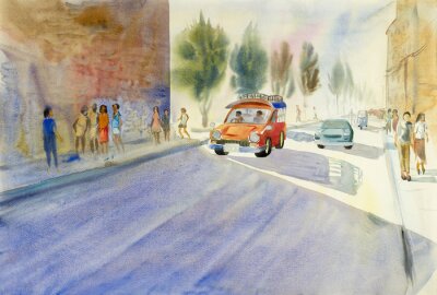 Fototapete Painting colorful of small red bus on tha phae road