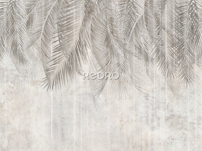 Fototapete Palm leaves on the wall, tropical leaves. Illustration for wallpaper, card, poster, decoration. Mural.