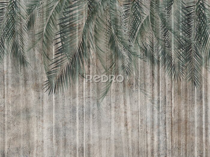 Fototapete Palm leaves on the wall, tropical leaves. Illustration for wallpaper, card, poster, decoration whit dark green. Mural.