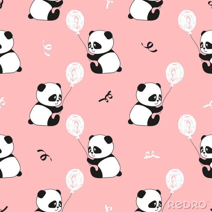 Fototapete Pandas mit Luftballon auf rosa Hintergrund