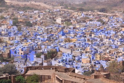 Fototapete Panorama der Kleinstadt mit blauen Gebäuden