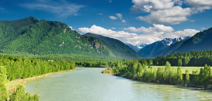 Fototapete Panorama des Flusses, der Berge und des Waldes