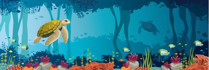 Fototapete Panorama des Ozeans mit Schildkröte