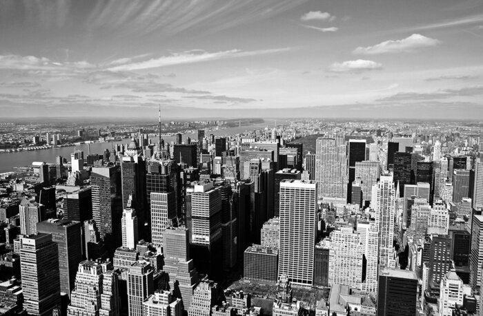 Fototapete Panorama mit Wolkenkratzern in Schwarz und Weiß