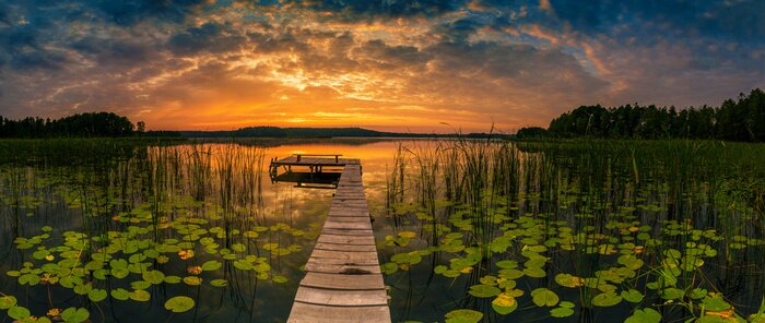 Fototapete Panorama of beautiful sunrise over lake