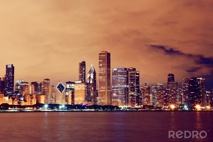 Fototapete Panorama von Chicago am Abend