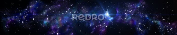 Fototapete Panoramablick mit einem Planeten im Weltraum