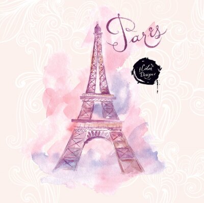 Paris Aquarell auf rosa Hintergrund