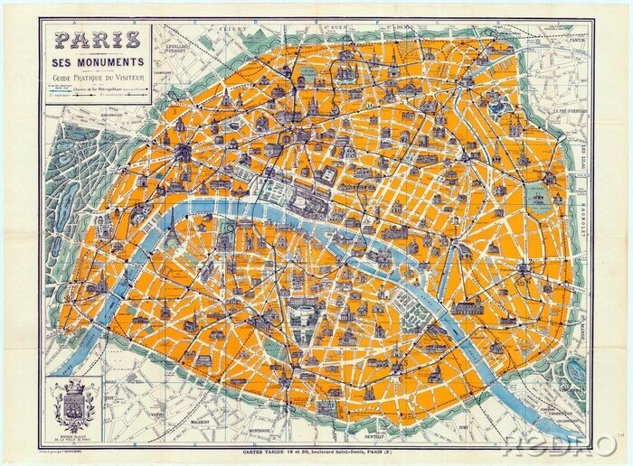 Fototapete Paris auf historischer Landkarte