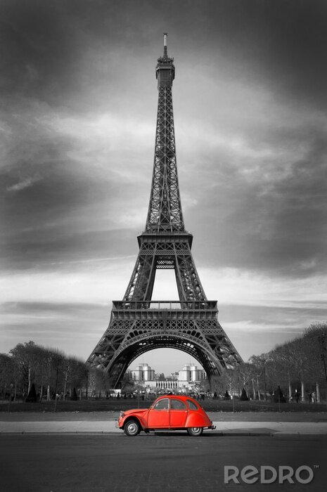 Fototapete Paris Eiffelturm und rotes Auto