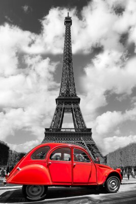 Fototapete Paris schwarz-weißer Eiffelturm und VW Käfer
