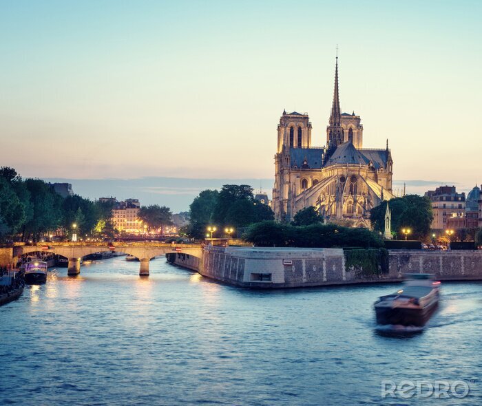 Fototapete Paris Seine und Kathedrale am Abend