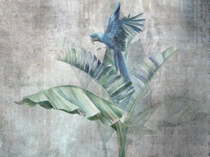 Fototapete Parrot on big banana leaves. Grunge photo wallpaper with abstract elements . for wallpaper, fresco, mural, poster, card.