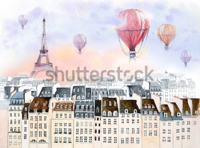 Fototapete Pastell-Landschaft von Paris mit Luftballons