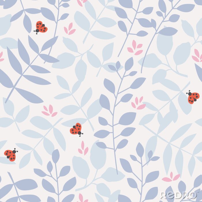 Fototapete Pastellblätter und Marienkäfer