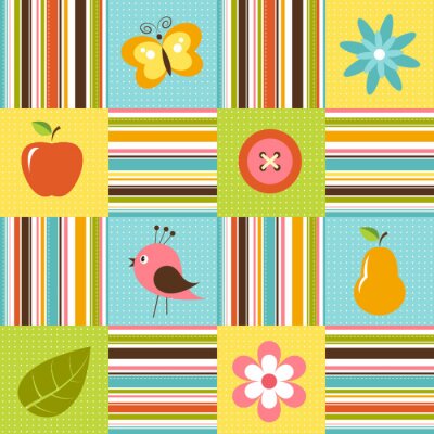 Patchwork-Hintergrund mit Blumen-, Vogel-, Birnen-und Apfel