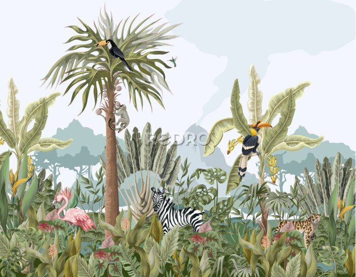 Fototapete Pattern with jungle animals, flowers and trees. Vector.