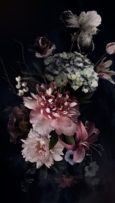 Fototapete Peonies, hydrangea, lily, iris and tulips in bloom. Vintage bouquet of beautiful garden flowers on black. Floristic decoration. Floral background. Baroque style.