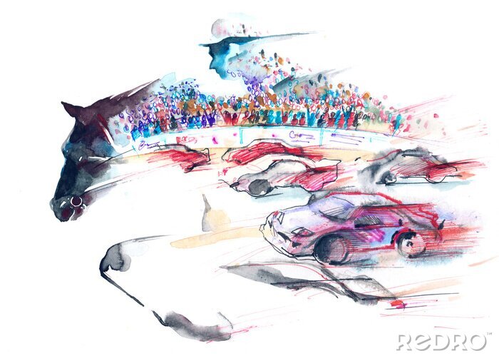 Fototapete Pferde Reitsport und schnelle Autos Zeichnung