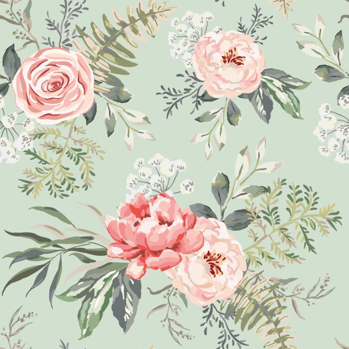 Fototapete Pfingstrosen Rosen und Farne Aquarellmalerei