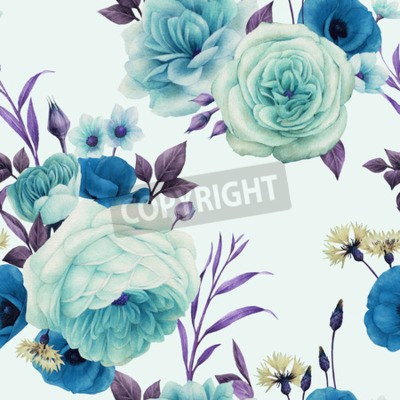 Fototapete Pfingstrosen und Blätter in Blautönen