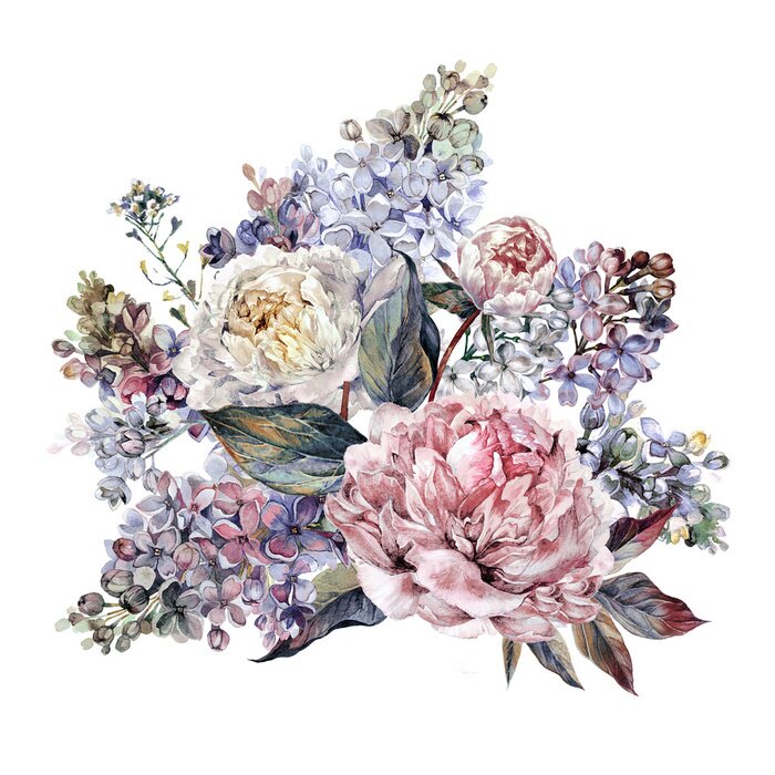 Fototapete Pfingstrosen und Hortensienblätter