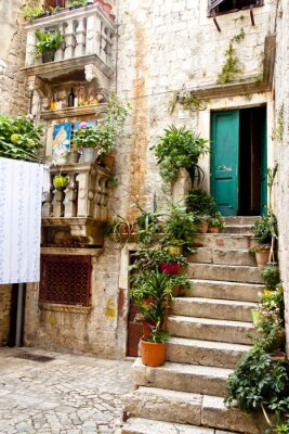 Fototapete Pflanzen auf Treppen zum Mietshaus