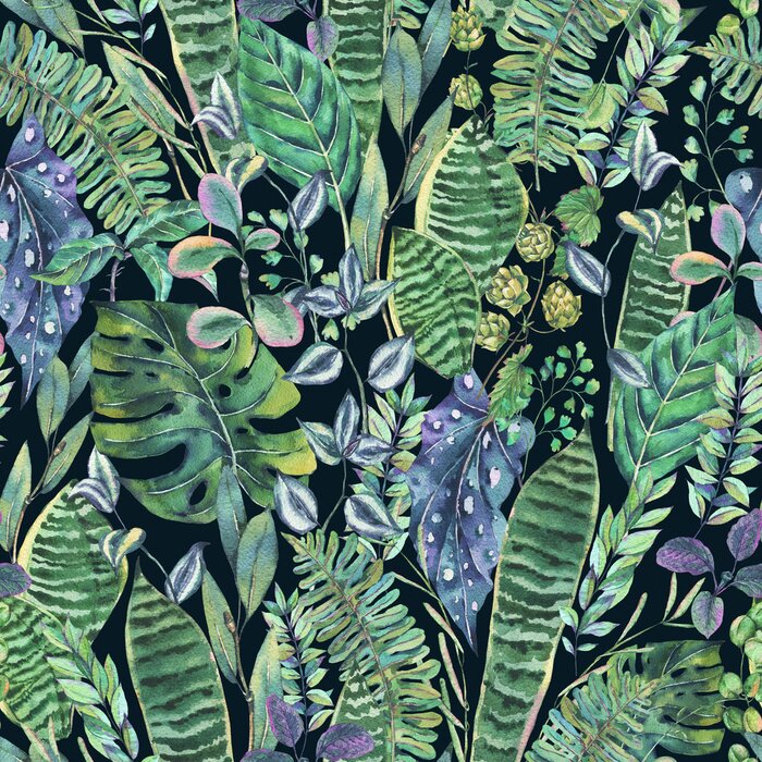 Fototapete Pflanzen aus dem Dschungel auf schwarzem Hintergrund