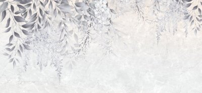 Fototapete Pflanzenblätter und Blumen auf Baumzweigen mit marmoriertem Hintergrund
