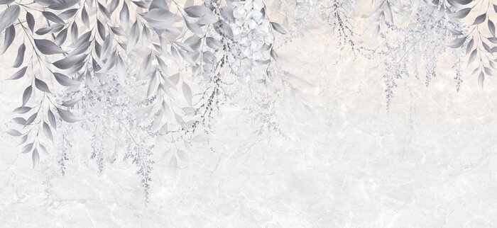 Fototapete Pflanzenblätter und Blumen auf Baumzweigen mit marmoriertem Hintergrund