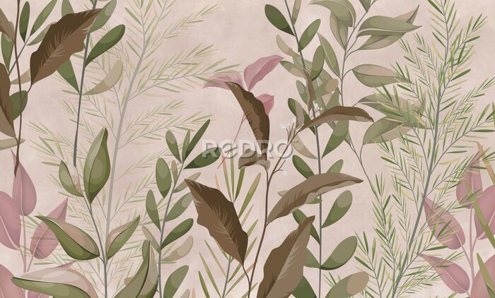 Fototapete Photo wallpapers for walls. Beautiful leaves on a beige background. A mural for a room. Painted grass.