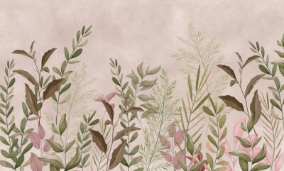Fototapete Photo wallpapers for walls. Beautiful leaves on a beige background. A mural for a room. Painted grass.