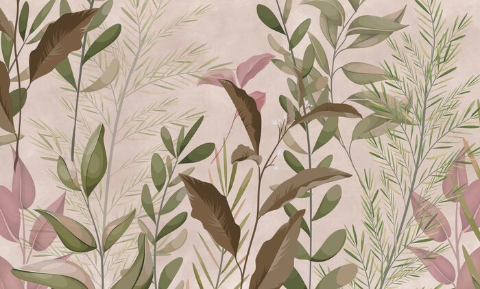 Fototapete Photo wallpapers for walls. Beautiful leaves on a beige background. A mural for a room. Painted grass.