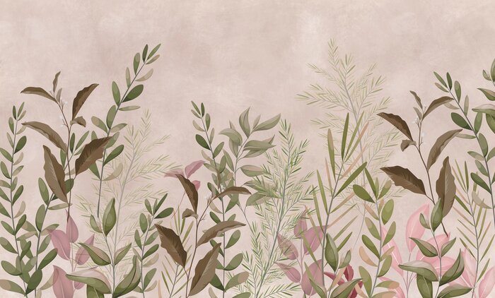 Fototapete Photo wallpapers for walls. Beautiful leaves on a beige background. A mural for a room. Painted grass.
