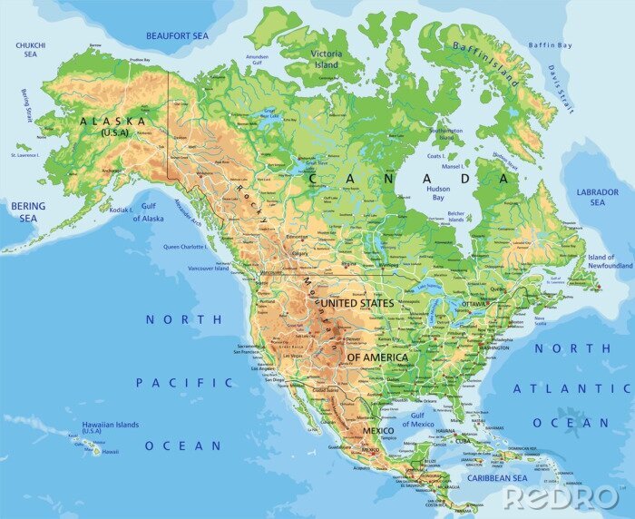 Fototapete Physische Karte von Nordamerika