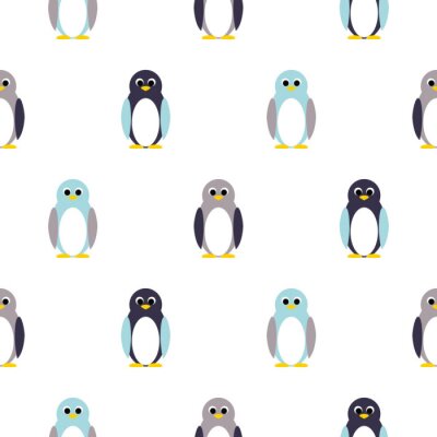 Pinguin blau, lila auf weiß Kinder-Muster. Baby Penguin Spielzeug Vektor nahtlose Muster für Stoff drucken und Bekleidung.